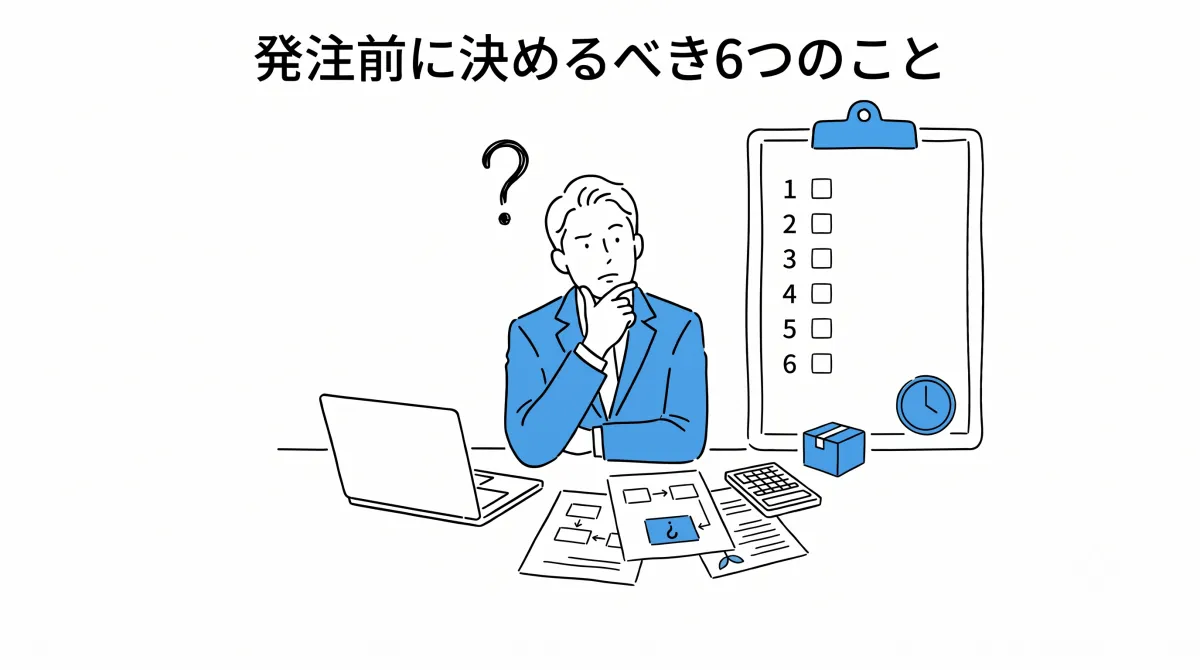 発注前に決めるべき6つのこと——チェックリストを前に考える経営者のイラスト